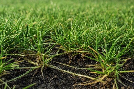 Lush green lawn with stolon network connecting grass clusters, morning dew.