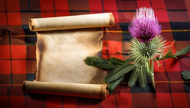 Scottish Heritage Thistle Quill And Parchment On Tartan Background