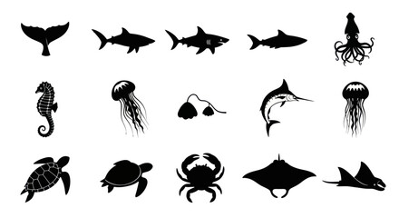 Sea creature and seafood silhouettes for ocean themes. © quote