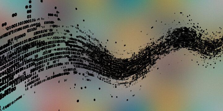 Data stream wave formed by binary code particles on blurred colorful gradient background representing digital information flow tech.