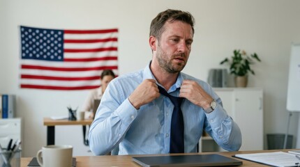 Fototapeta premium A businessman in an office setting, loosening his tie and looking fatigued. An American flag hangs in the background.