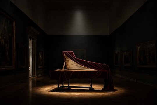 A museum gallery with a single harpsichord covered in velvet under a dramatic spotlight.
