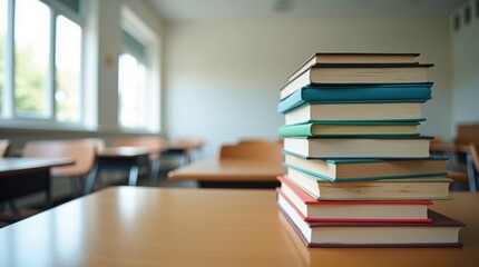 Pila de libros de texto coloridos sobre un escritorio de madera frente a un aula moderna © Leonardo