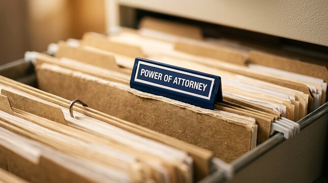 Power of attorney legal document folder in office filing cabinet, professional law firm records and estate planning paperwork, brown manila folders for corporate administration and justice