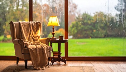 Fototapeta premium Cozy Reading Nook Rainy Window Scene