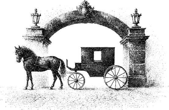 Horse and carriage under a cobblestone archway black and white stippling scene for vintage travel poster and background design