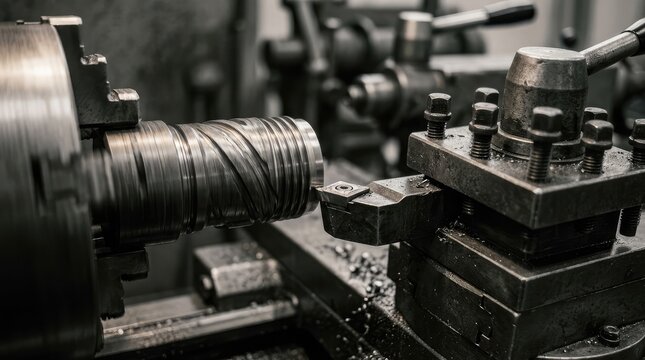 Industrial metal lathe machining a cylindrical workpiece. Precision engineering tool cutting steel with sharp cutting tool. Manufacturing process i...
