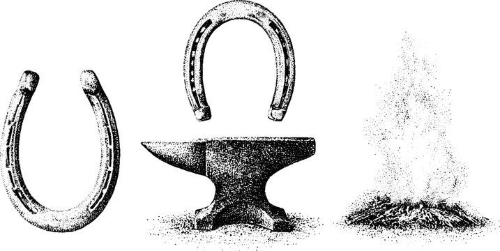 Paired horseshoes anvil and forge fire stippling artwork in black and white for antique background and poster design