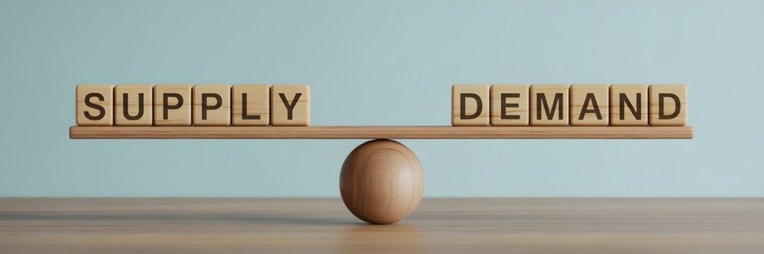 Economic principle of Supply and Demand perfectly balanced on a wooden scale