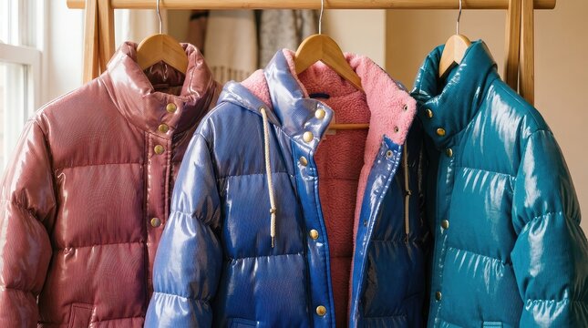 Three colorful puffer jackets hanging on display. Winter outerwear collection showcasing vibrant insulated coats. Fashionable cold-weather apparel...
