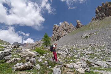 Naklejka premium Mountain hiker in Maira Valley, Cottian Alps, Italy