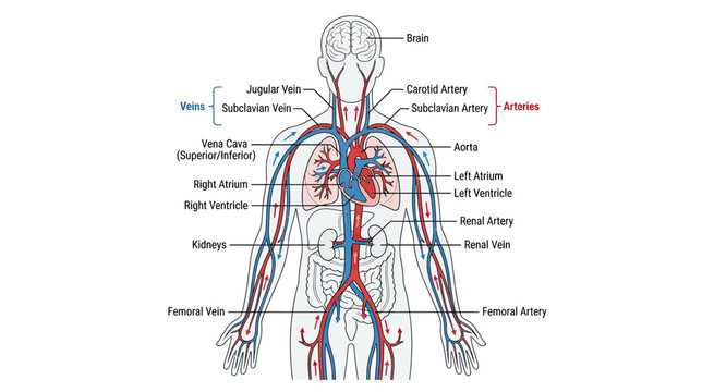 Human Circulatory System Anatomy Diagram: Heart, Arteries, Veins