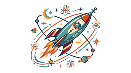 Retro Rocket Ship Launching into Space with Stars and Planets © Roni