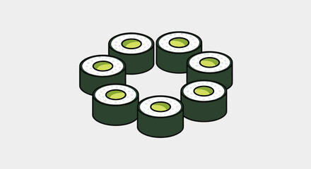 A circular arrangement of seven green nori rolls, with visible rice and avocado filling © Ahmad