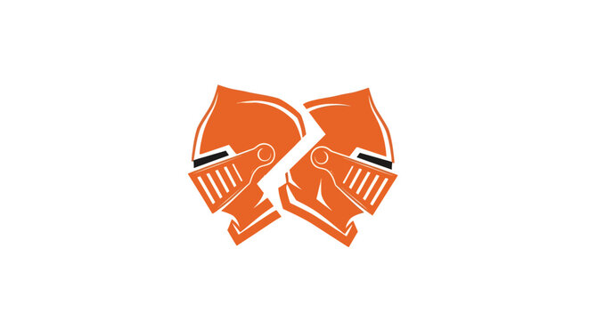 Two orange knight helmets facing each other.