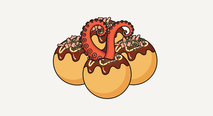 Cartoon octopus tentacles emerge from topped, round savory balls © Ahmad