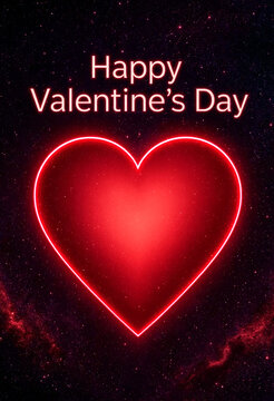 Glowing neon heart with happy valentines day text in cosmic starry background design