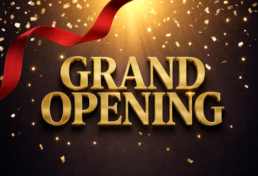 Glamorous grand opening celebration with golden letters red ribbon and sparkling confetti background