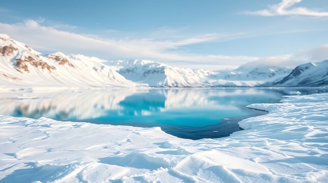 arctic landscape with blue mountain lake and white snow