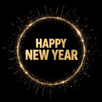Golden glittery happy new year text with sparkling fireworks explosion design celebration