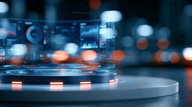 Blank display stage or podium in futuristic cyberpunk style with hologram of dashboard graphs and data, technology demonstration platform, defocused dark background, cyberpunk