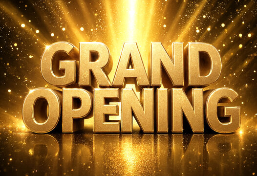 Golden grand opening text with glowing light effects perfect for celebrations and promotions