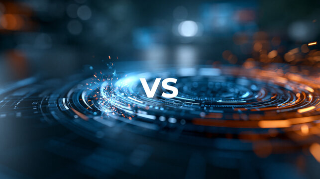 VS versus futuristic design, battle headline template with abstract technology background and circle teleport with sparks, sci-fi concept design for modern tournament, defocused