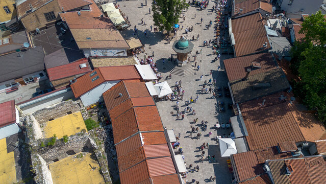 Aerial drone view of the historic Sebilj fountain in Bascarsija square Sarajevo
