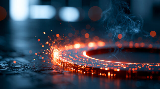 A vibrant glowing circular interface with fiery sparks and smoke on a dark technological background with circuit patterns, futuristic glowing red portal platform with digital