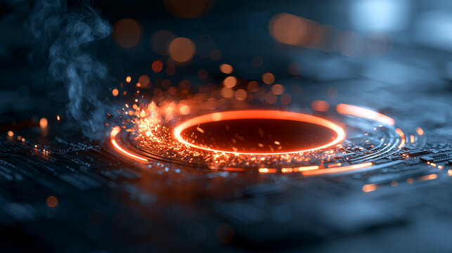 A vibrant glowing circular interface with fiery sparks and smoke on a dark technological background with circuit patterns, futuristic glowing red portal platform with digital