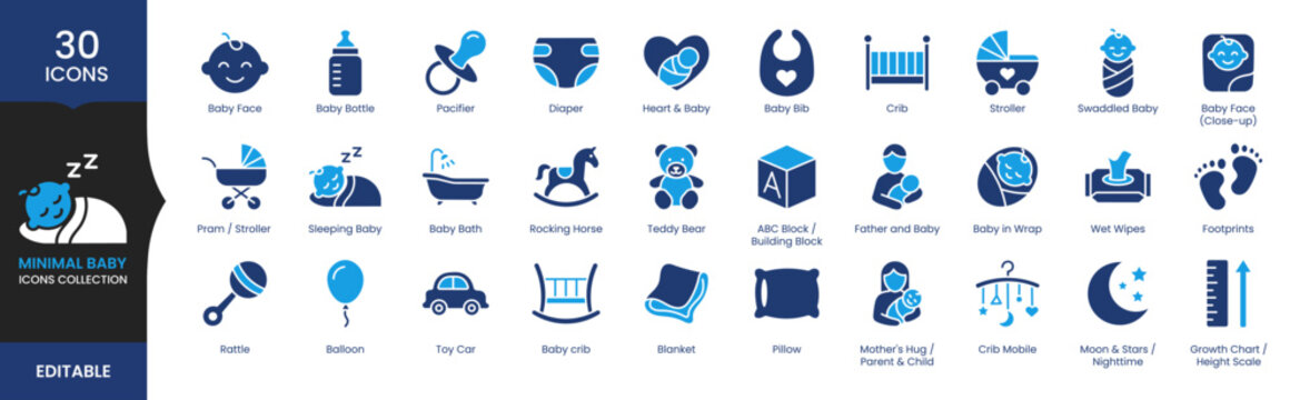 Minimal Baby Icons Set, Baby Care and Newborn Outline Icon Collection, Infant, Nursery, Stroller, Editable Vector Icon Pack