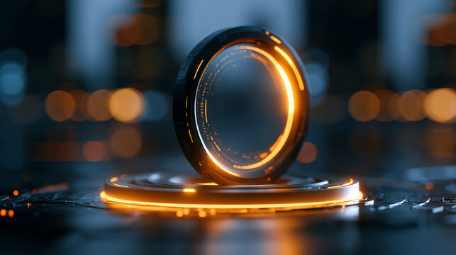 Futuristic glowing portal connecting realms, magic circle teleport podium with hologram effect, magic gate in game fantasy, defocused dark background, glowing portal realms