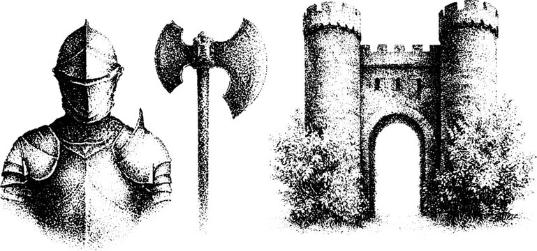 Black and white medieval knight bust with double headed battle axe and castle gate set for historic banner poster and emblem design