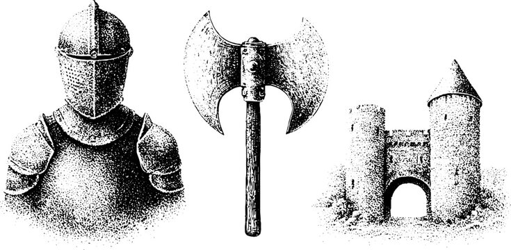 Black and white medieval knight armor and double blade battle axe with small castle gate for historic banner poster and tattoo design