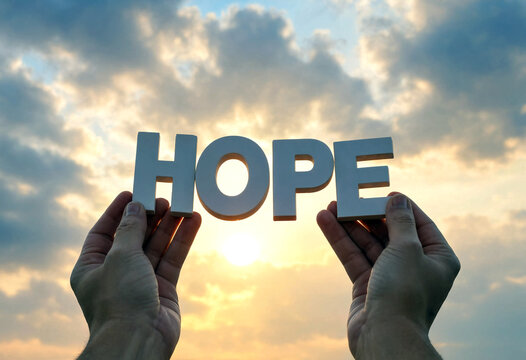 Inspirational image of hands holding the word hope against a beautiful sunset sky background