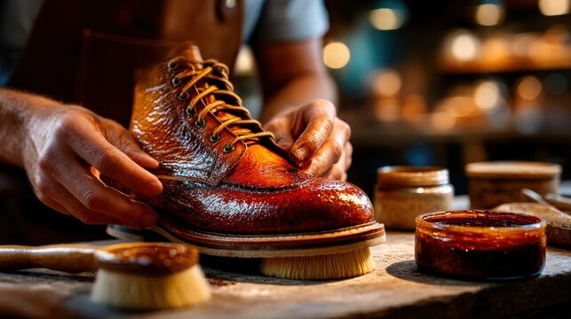 Craftsman carefully buffs a rich brown leather boot