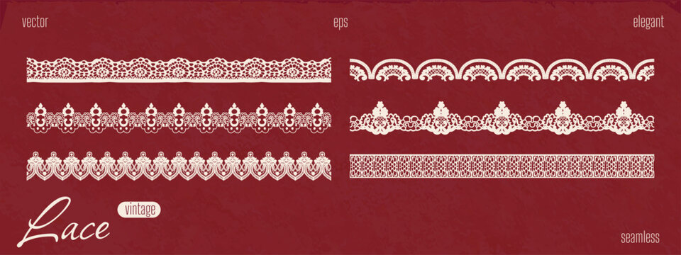 Scallop lace edge and border frame with antique trim romantic pattern. Scalloped brush and oval wavy luxury doily with decorative stripe. Floral and seamless crochet doily with label isolated set