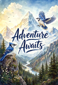 Majestic mountain landscape with blue jays flying and scenic nature adventure theme illustration