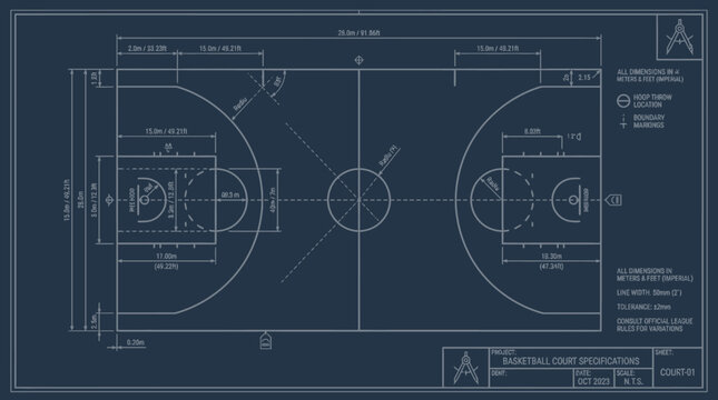 Detailed technical blueprint drawing of a professional basketball court with dimensions and markings.