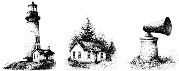 Obraz premium Black and white lighthouse with keepers cottage and foghorn background for coastal poster and vintage design