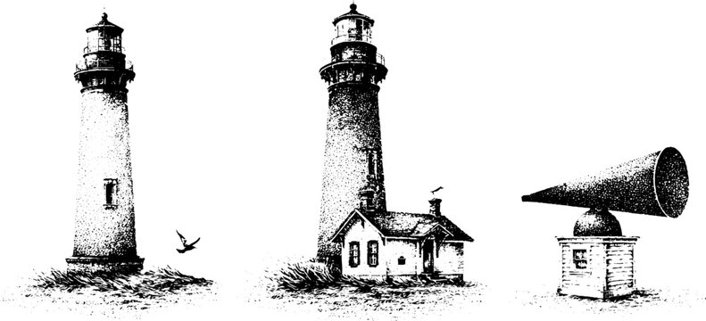 Black and white trio of lighthouses and foghorn for nautical background and vintage coastal banner design