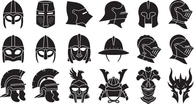 Black and white collection of ancient warrior helmets and headgear