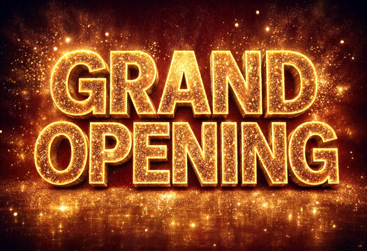 Sparkling golden grand opening text effect with glittering particles and festive background design