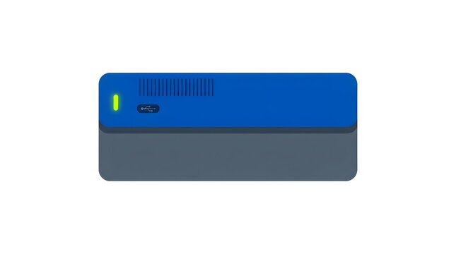 Minimalist blue and gray external hard drive on white background