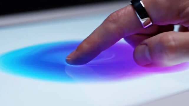 A finger wearing a silver ring interacts with a futuristic touch surface, creating vibrant, glowing blue and pink liquid ripples that spread across a white backdrop.