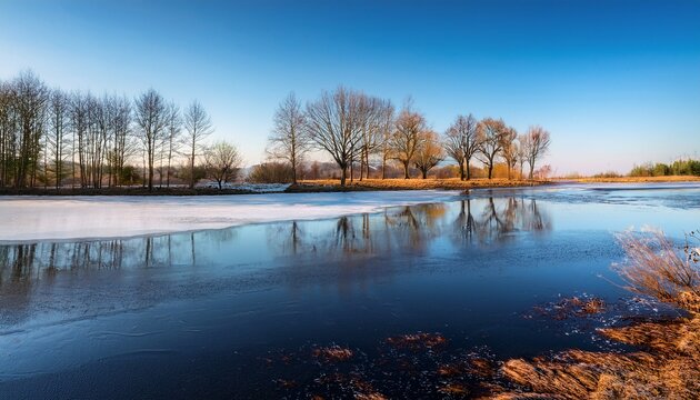 Early Spring Landscape Featuring A Partially Frozen Lake With A Thin Layer Of Melting Ice Bare Trees Line Shore Reflecting On Thawing Surface Transitioning From Winter To Spring