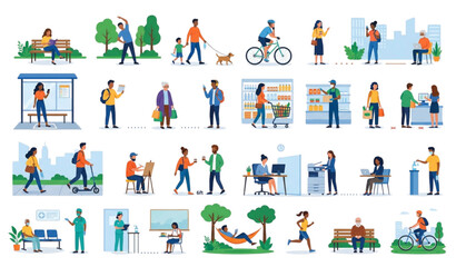 Fototapeta premium Keep Social Distance Illustration Concept, People Maintaining Safe Physical Distance in Public Places, Flat Vector Illustration
