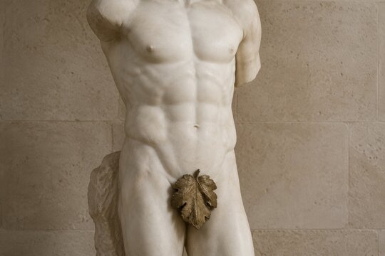Classical marble sculpture of a male torso with bronze leaf covering.