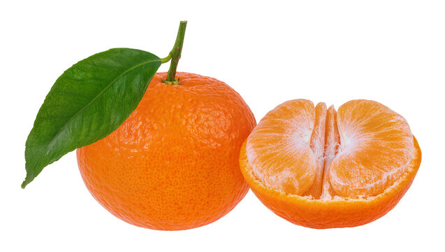 Isolated fresh whole and peeled mandarins with green leaf, juicy citrus fruit for healthy snack
