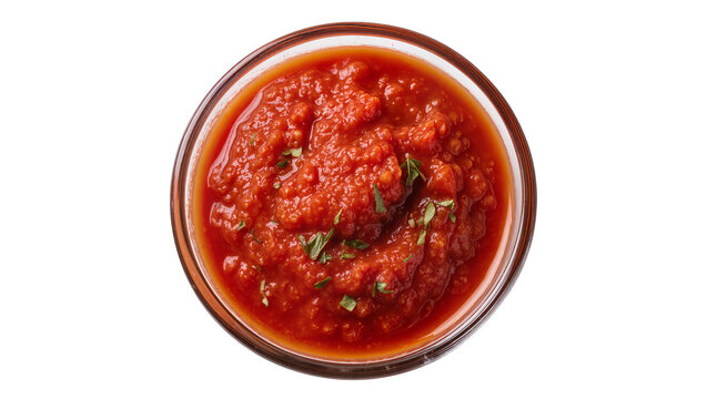 Isolated delicious red chunky tomato sauce for pasta or pizza with fresh herbs in a glass bowl, from above.